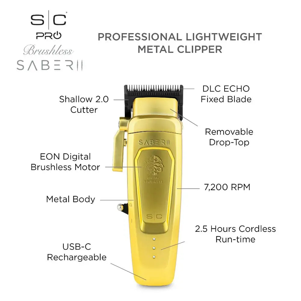 Stylecraft Saber 2 - cordless modular hair clipper with high-torque digital brushless motor in gold