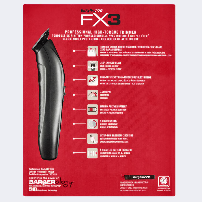 BaByliss Pro FX3 Professional High Torque Trimmer - Black  (Dual Voltage)