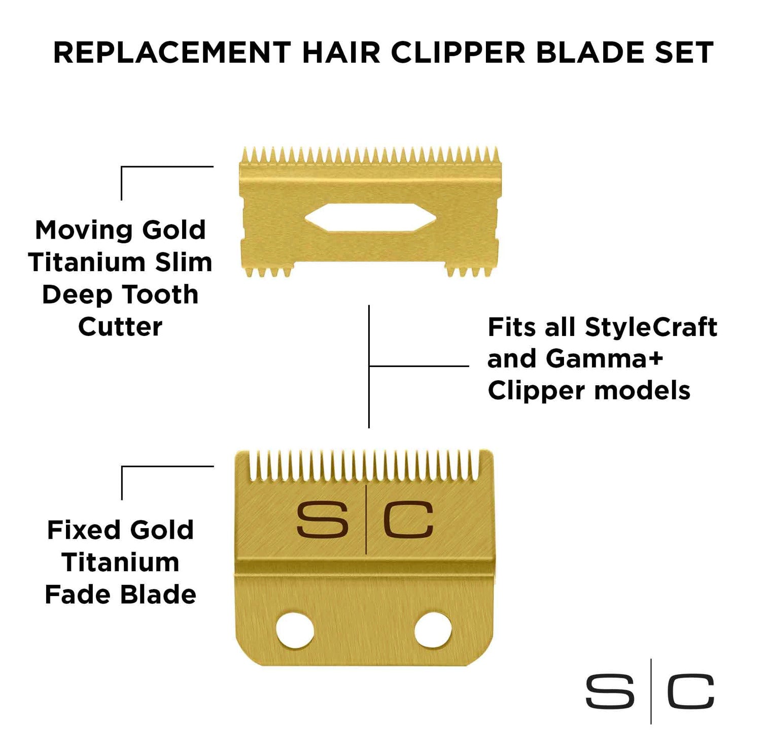 Stylecraft SC521G Gold Slim Deep Tooth Fixed Fade Clipper Blade with Gold Moving Slim Deep Tooth Blade