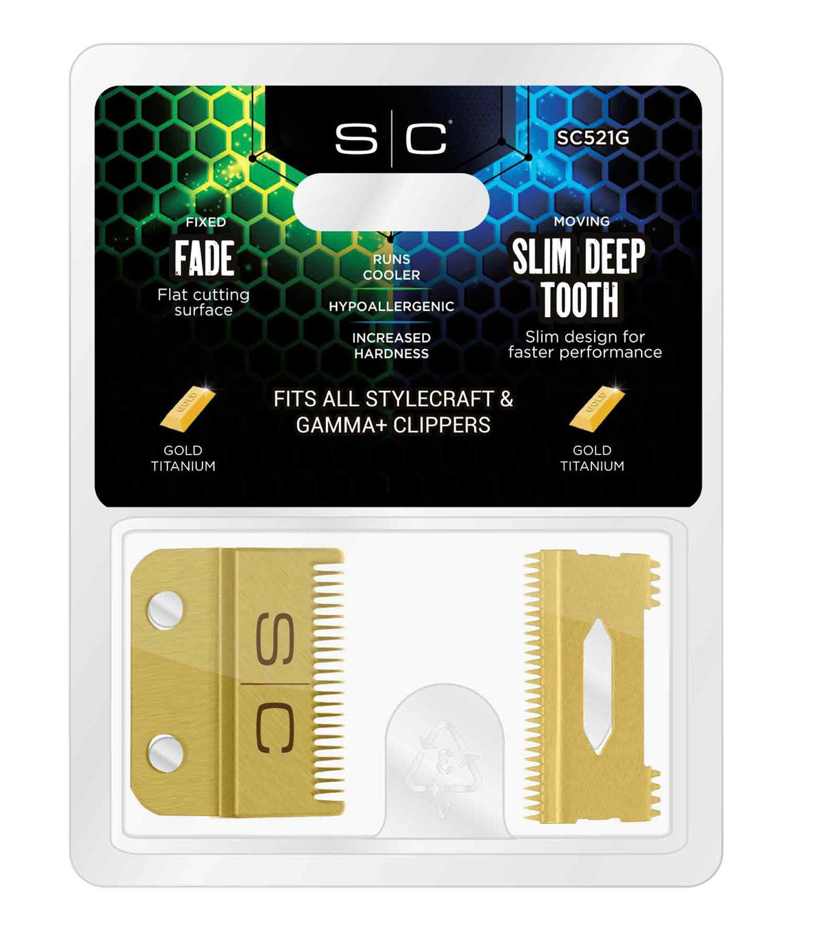 Stylecraft SC521G Gold Slim Deep Tooth Fixed Fade Clipper Blade with Gold Moving Slim Deep Tooth Blade