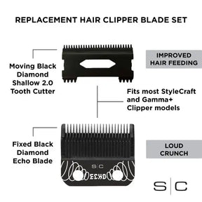 Stylecraft Replacement Echo Faper Fixed Black Diamond Carbon DLC Hair Clipper Blade with Shallow Tooth 2.0 Moving Cutter Set