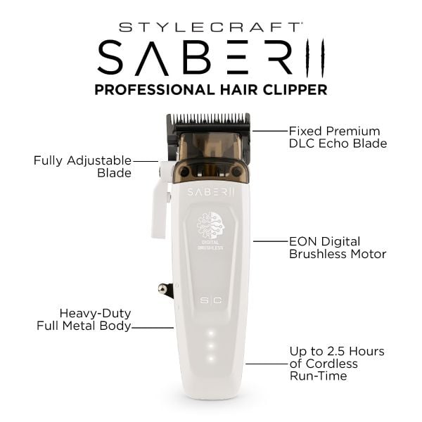 Stylecraft Saber 2 Hair Clipper with EON Digital Brushless Motor -White-