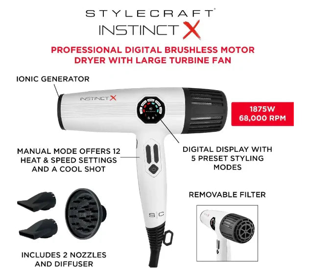 Stylecraft Instinct-X Hair Dryer - Pro Brushless Motor with Digital Display