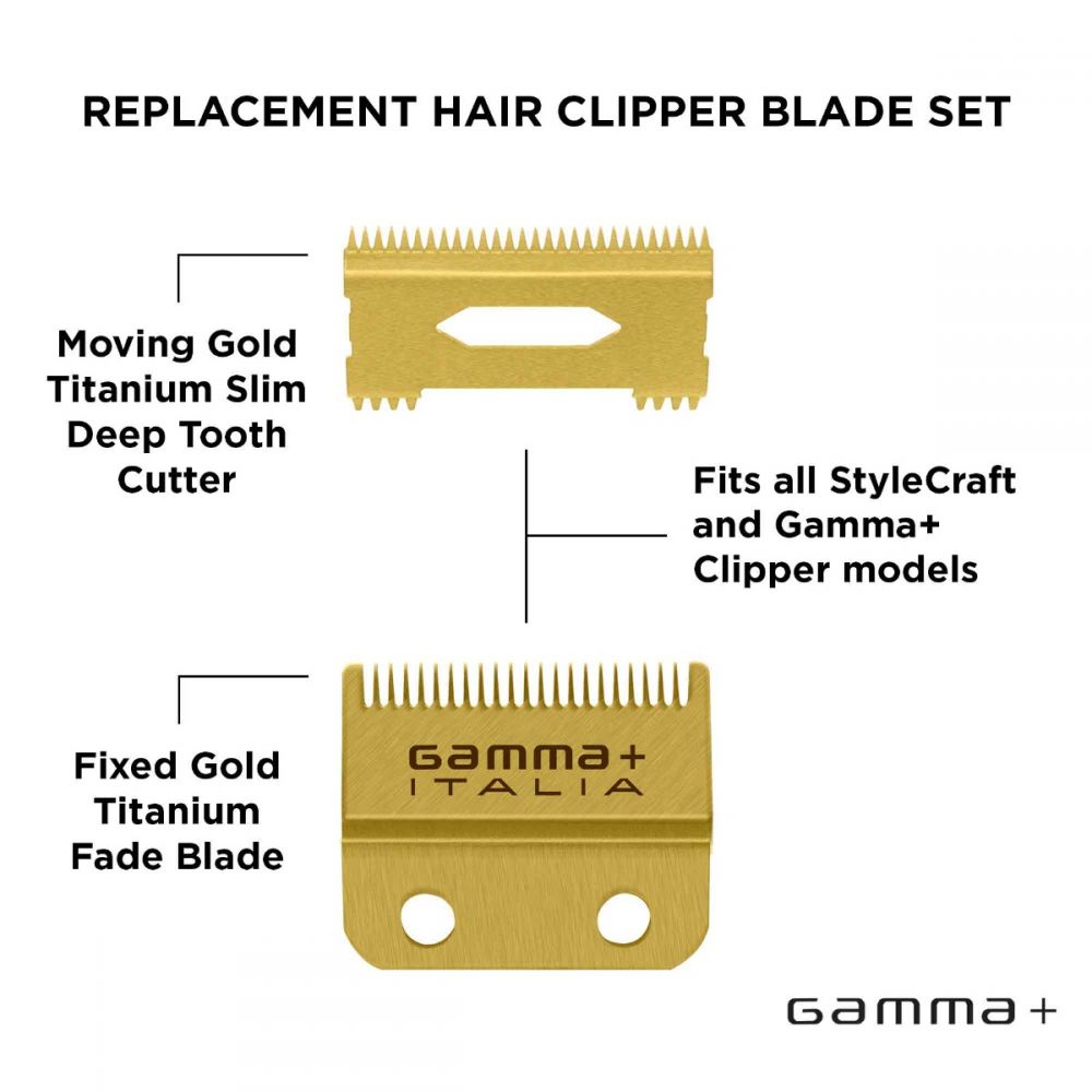 Gamma + Replacement Fixed Gold Titanium Fade Clipper Blade With Moving Gold Titanium Slim Tooth Cutter Set