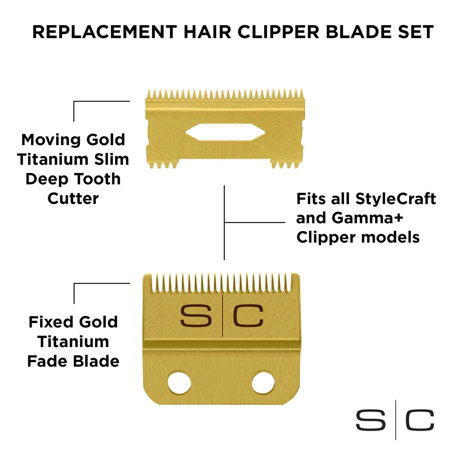 Stylecraft Gold Slim Deep Tooth Fixed Fade Clipper Blade  with Gold Moving Slim Deep Tooth Blade